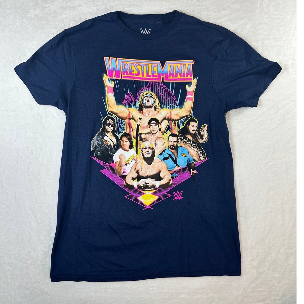 WWE WrestleMania Legends T-Shirt Navy Blue Hulk Hogan Warrior Small NWOT